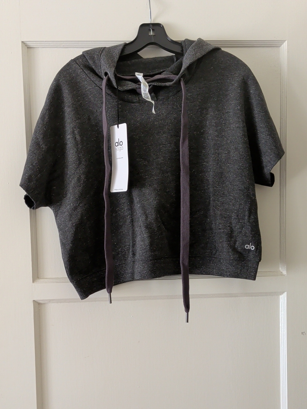 ALO Yoga Realm Short Sleeve Hoodie in Charcoal Heather Size XS